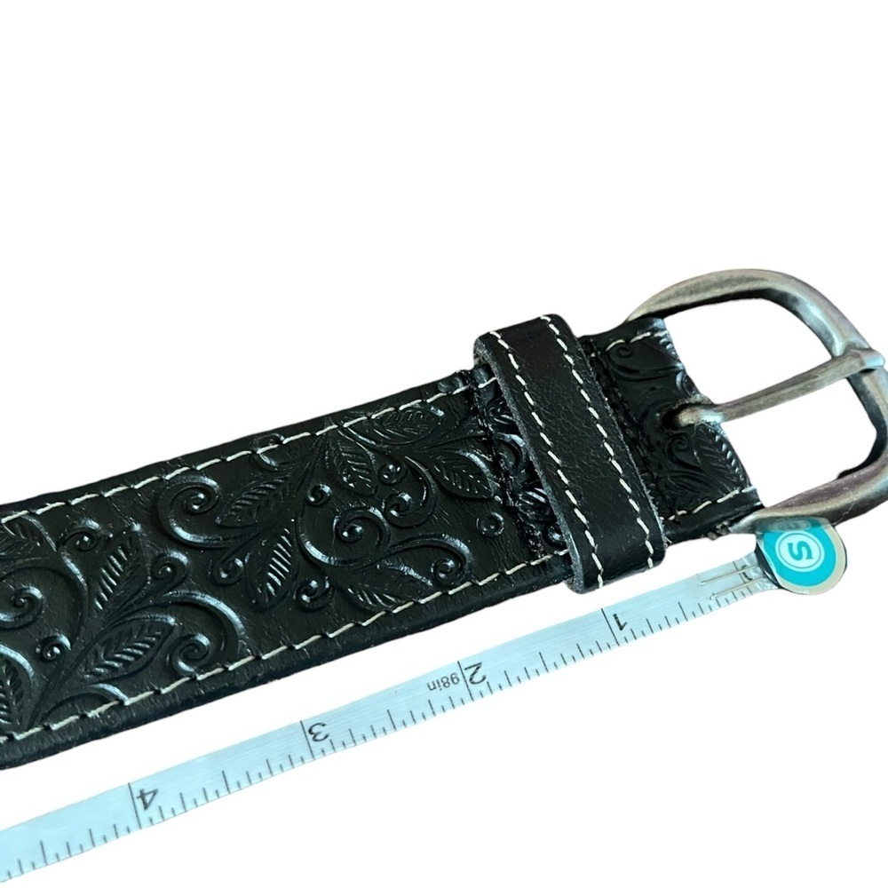 Warehouse One Embossed Black Leather Belt Medium Silver Buckle - Picture 12 of 13